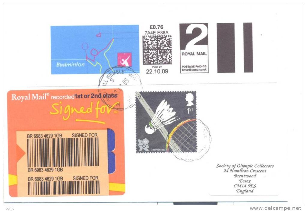 Olympic Games 2012 London; Badminton Stamp + Smart Stamp; Registered Letter - Summer 2012: London