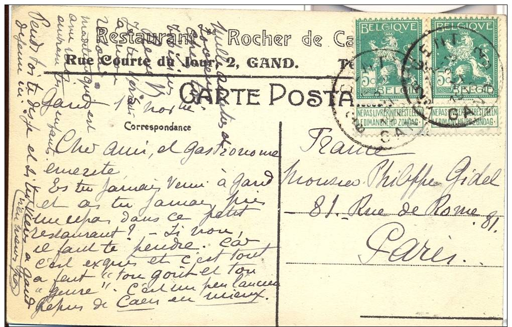 GENT 1913  GAND RESTAURANT  ROCHER DE CANCALE   RUE COURTE DU JOUR 2  GAND     TOPKAART !!! - Gent