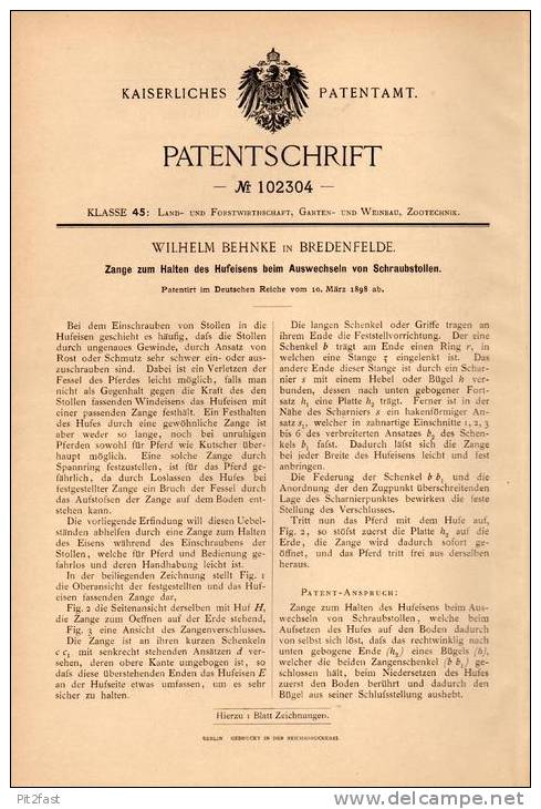Original Patentschrift - W. Behnke In Bredenfelde I. Meckl. B. Stavenhagen , 1898 , Zange Für Hufeisen , Schmied , Pferd - Antike Werkzeuge