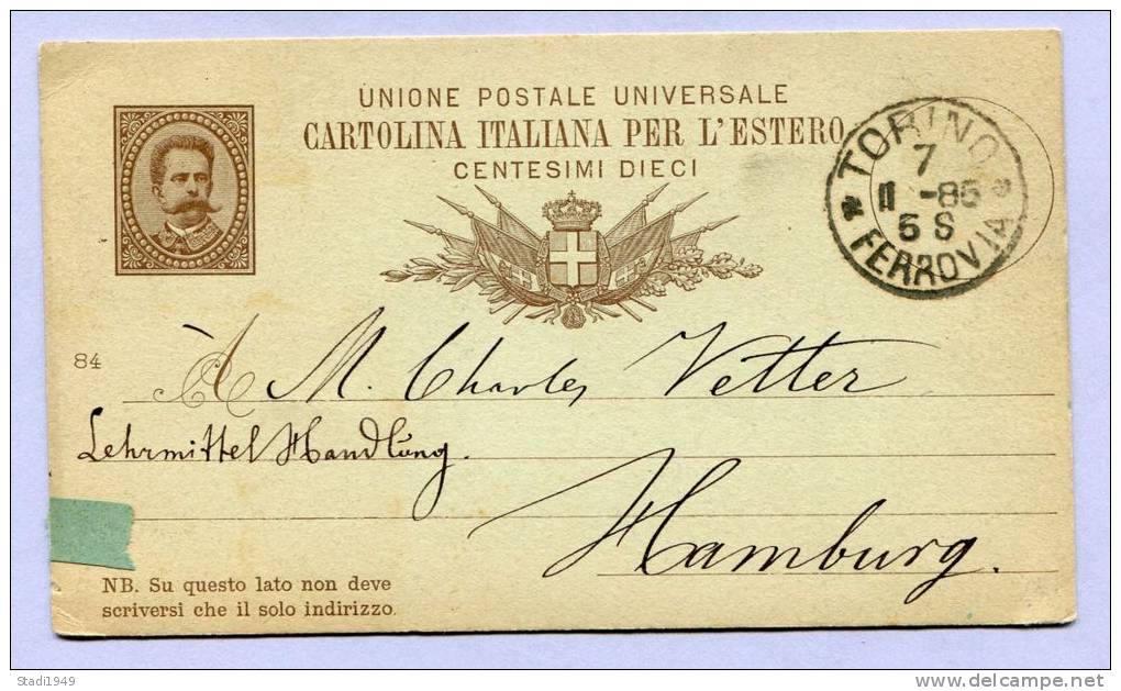 Postkarte Postcard TORINO FERROVIA To HAMBURG 1885 (115) - Entiers Postaux
