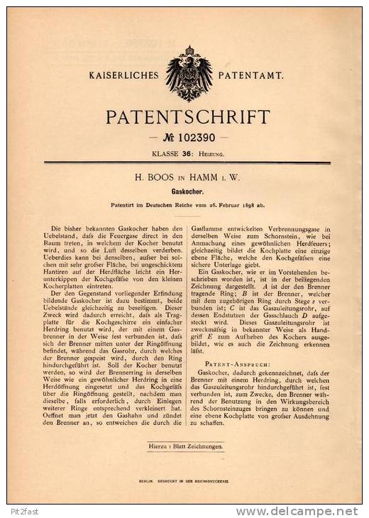 Original Patentschrift - H. Boos In Hamm I.W., 1898 , Gaskocher , Kocher !!! - Historische Dokumente