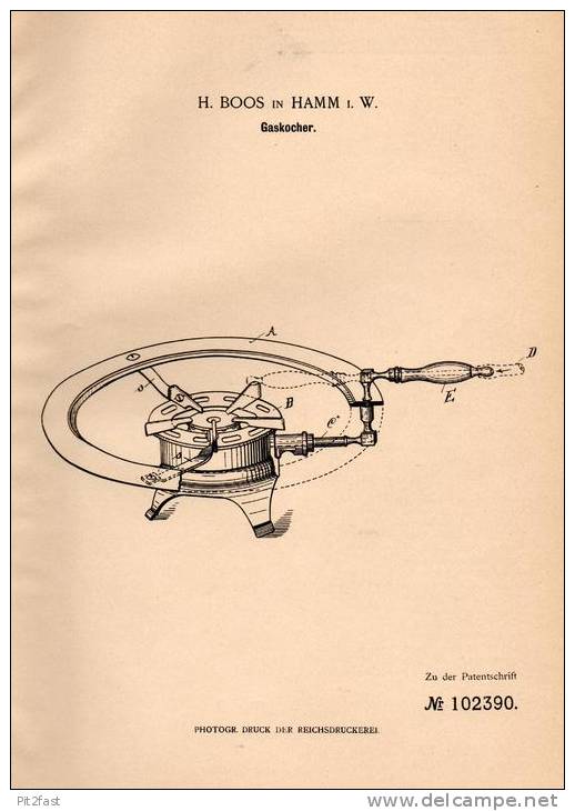 Original Patentschrift - H. Boos In Hamm I.W., 1898 , Gaskocher , Kocher !!! - Historical Documents