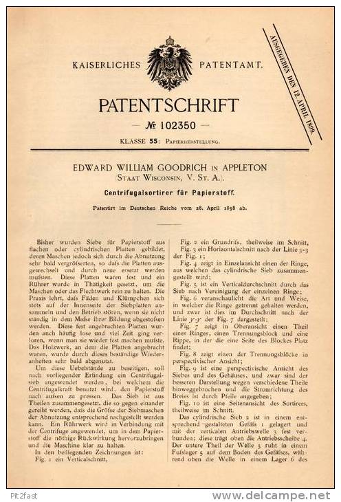 Original Patentschrift - E. Goodrich In Appleton , Wisconsin , 1898 . Centrifugalsortierer Für Papier , Paper !!! - Maschinen