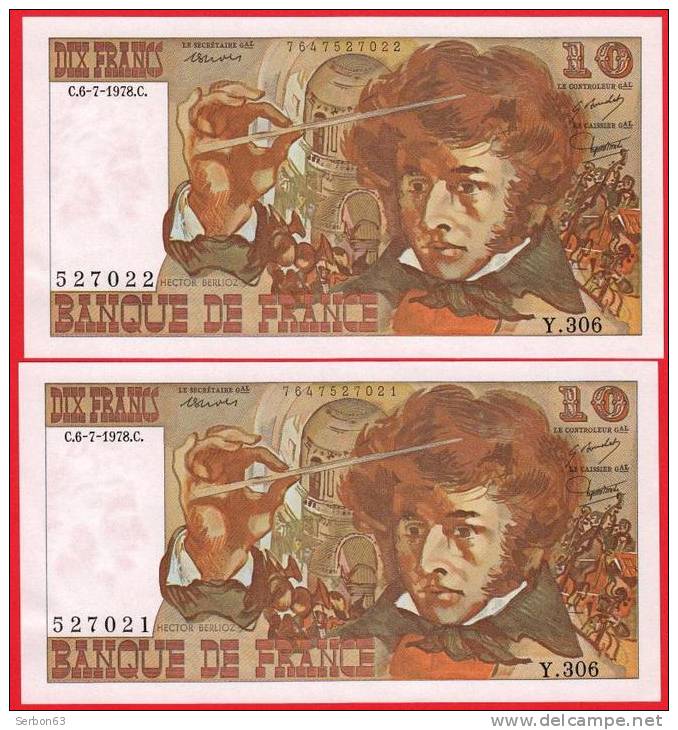 PAIRE DE : 10 FRANCS BERLIOZ 2 BILLETS FRANCAIS TYPE 1972 Y. 306 N° 527021 ET 527022 NEUFS C.6-7-1978.C - 10 F 1972-1978 ''Berlioz''