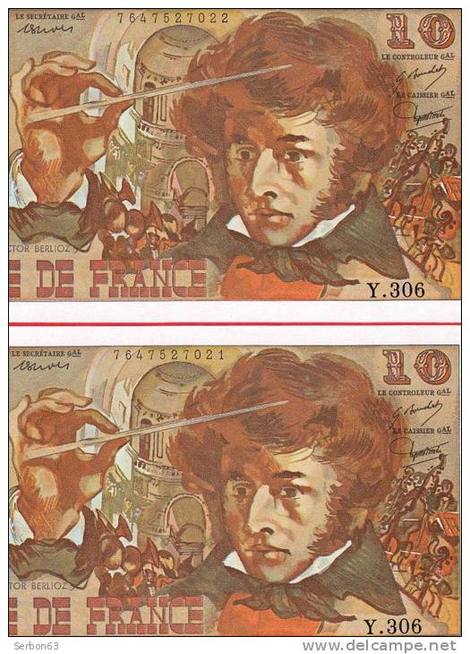 PAIRE DE : 10 FRANCS BERLIOZ 2 BILLETS FRANCAIS TYPE 1972 Y. 306 N° 527021 ET 527022 NEUFS C.6-7-1978.C - 10 F 1972-1978 ''Berlioz''