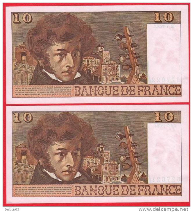 PAIRE DE : 10 FRANCS BERLIOZ 2 BILLETS FRANCAIS TYPE 1972 Y. 306 N° 527021 ET 527022 NEUFS C.6-7-1978.C - 10 F 1972-1978 ''Berlioz''