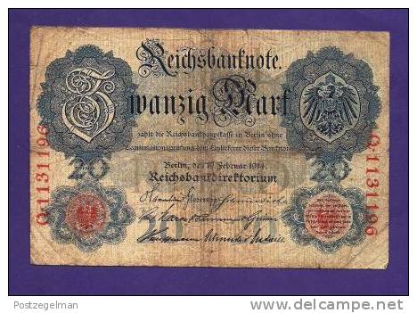 GERMANY 1914 Used VG Banknote 20 Mark (folded Bit Dirty) KM46b - 20 Mark