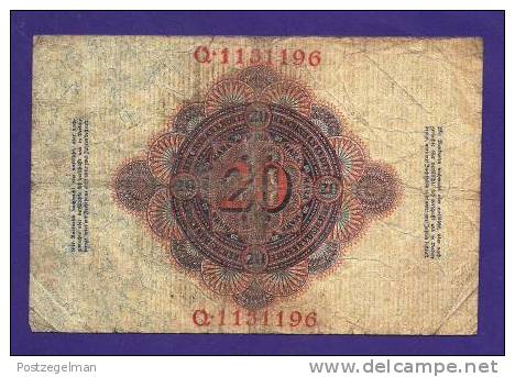GERMANY 1914 Used VG Banknote 20 Mark (folded Bit Dirty) KM46b - 20 Mark
