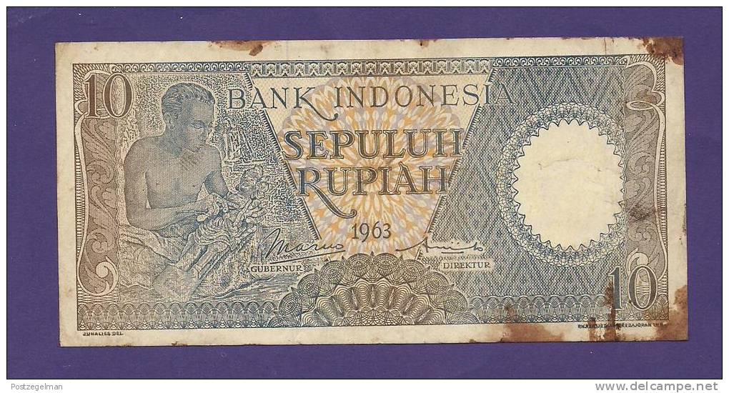 INDONESIA 1989 Used VG Banknote 10 Rupiah  (dark Brown Marks) - Indonesia