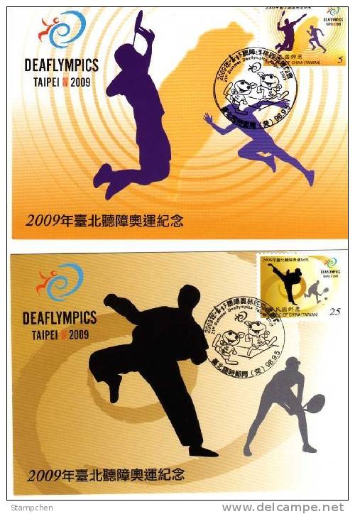 Maxi Cards(A) Taiwan 2009 21st Deaflympics Stamps Olympic Games IOC Badminton Taekwondo Tennis Map Disabled Deaf - Maximum Cards