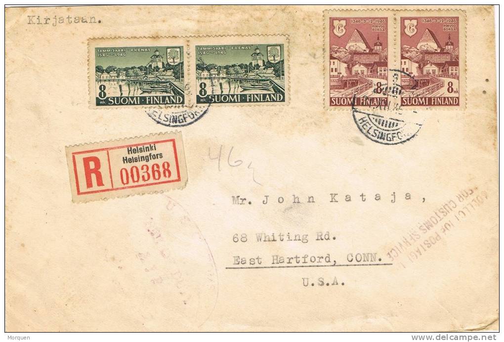 6037. Carta Certificada REKOLA (Finlandia) 1947. Marca USC Free Od Duty, Fechador Helsinki - Cartas & Documentos