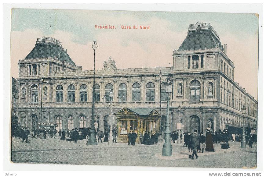 Bruxelles Gare Du Nord Animée Couleurs 1911 - Transport Urbain En Surface