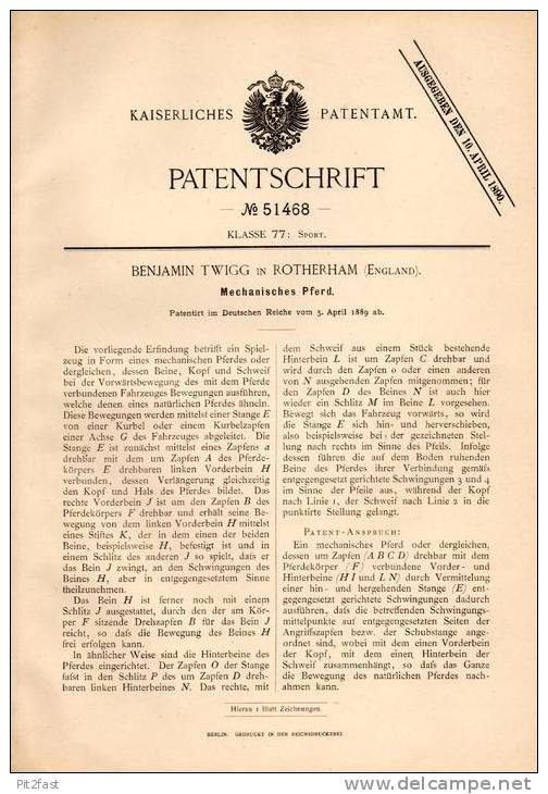 Original Patentschrift - B. Twigg In Rotherham , England , 1889 , Mechanisches Pferd , Karussell , Horse !!! - Toy Memorabilia