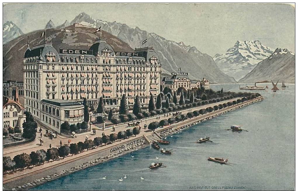 SWITZERLAND - EDEN PALACE - MONTREUX - WATERFRONT VIEW - BOATS IN SEA - VINTAGE ORIGINAL POSTCARD - Montreux