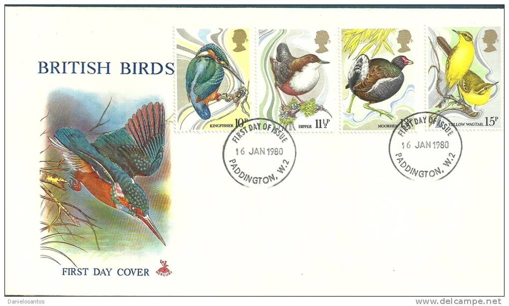 Great Britain 1980 Birds Oiseaux  Aves Kingfisher Dipper Moorhen Wagtail FDC - Albatrosse & Sturmvögel