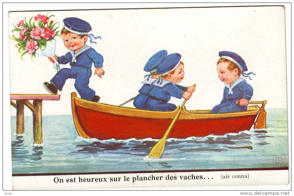 Illustrateur John Wills ( Enfants Marins Dans Canoë ) " On Est Heureux Sur Le Plancher Des Vaches" Non Voyagé - Wills, John