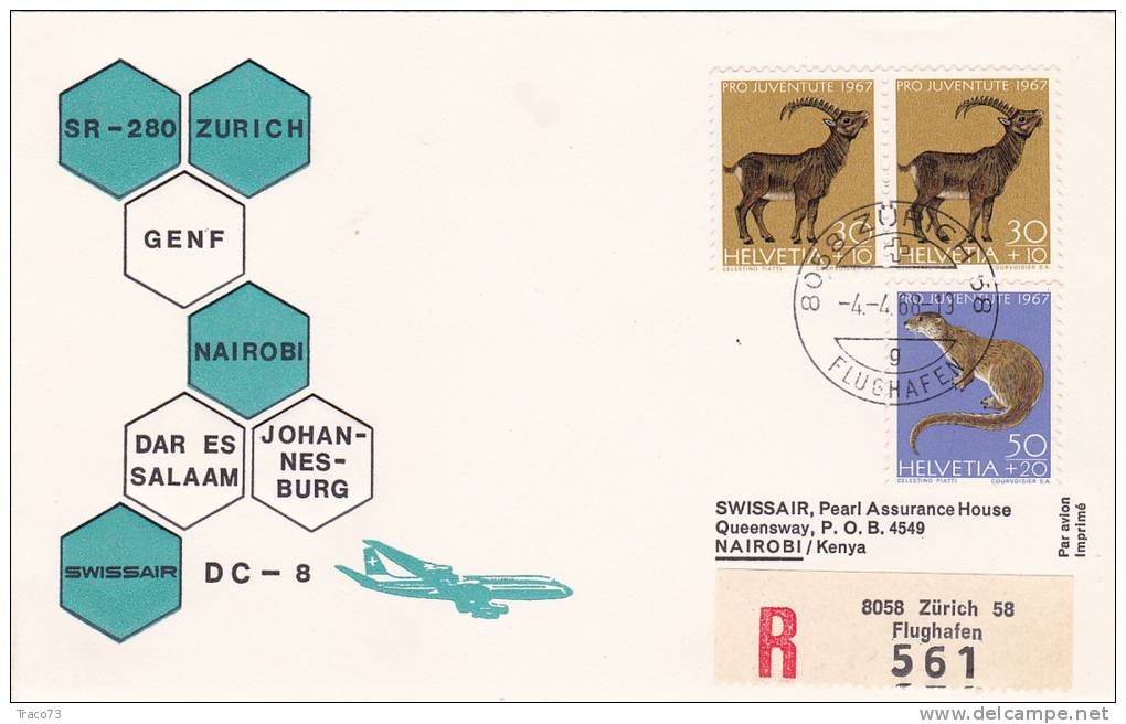ZURICH  /  NAIROBI - Cover _ Lettera  - Flughafen - DC 8  - SWISSAIR - First Flight Covers
