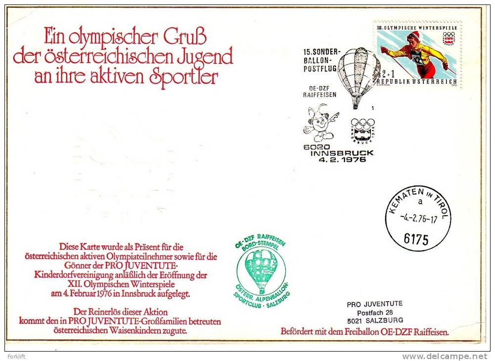 Winter Olympic Innsbruck 1976, Balloon Post OE-DZF RAIFFEISEN, Ballon - Winter 1976: Innsbruck