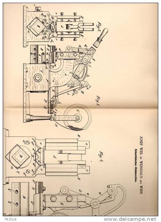 Original Patentschrift - J. Weil In Weinhaus B. Wien , 1889 , Klebemaschine Für Schachtelecken !!! - Maschinen