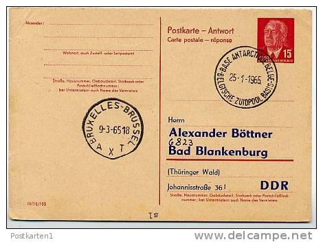 ANTARCTICA BELGIAN BASE 1965 On East German Reply Postal Card P65 A Special Print - Onderzoeksstations