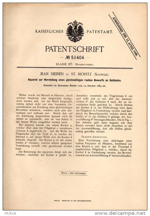 Original Patentschrift - Jean Heinen In St. Moritz , Schweiz , 1889 , Rauhputz - Apparat Für Häuser , Putzmaschine , Bau - Machines