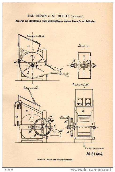 Original Patentschrift - Jean Heinen In St. Moritz , Schweiz , 1889 , Rauhputz - Apparat Für Häuser , Putzmaschine , Bau - Machines