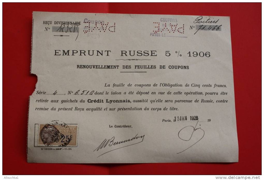 &gt;Emprunt Russe 5 % 1906:Renouvellement Feuilles De Coupons  Timbre Fiscal 25C Crédit Lyonnais Perforé Payé - Russland