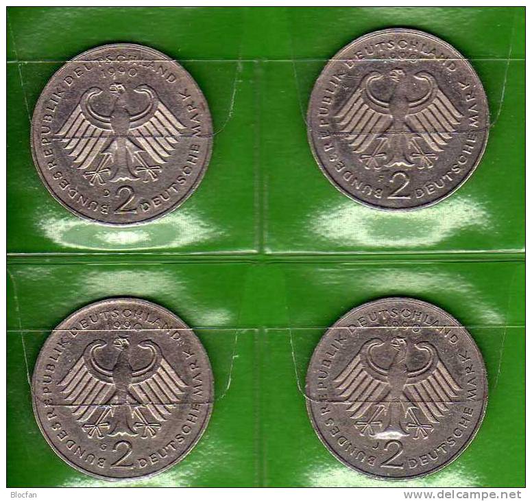 Deutschland 2 DM Schumacher 1990 Buchstabe D,F,G,J Stg 10€ Münzen Aus Den 4 Präge-Anstalten Extra Set Coins Of Germany - 2 Marcos