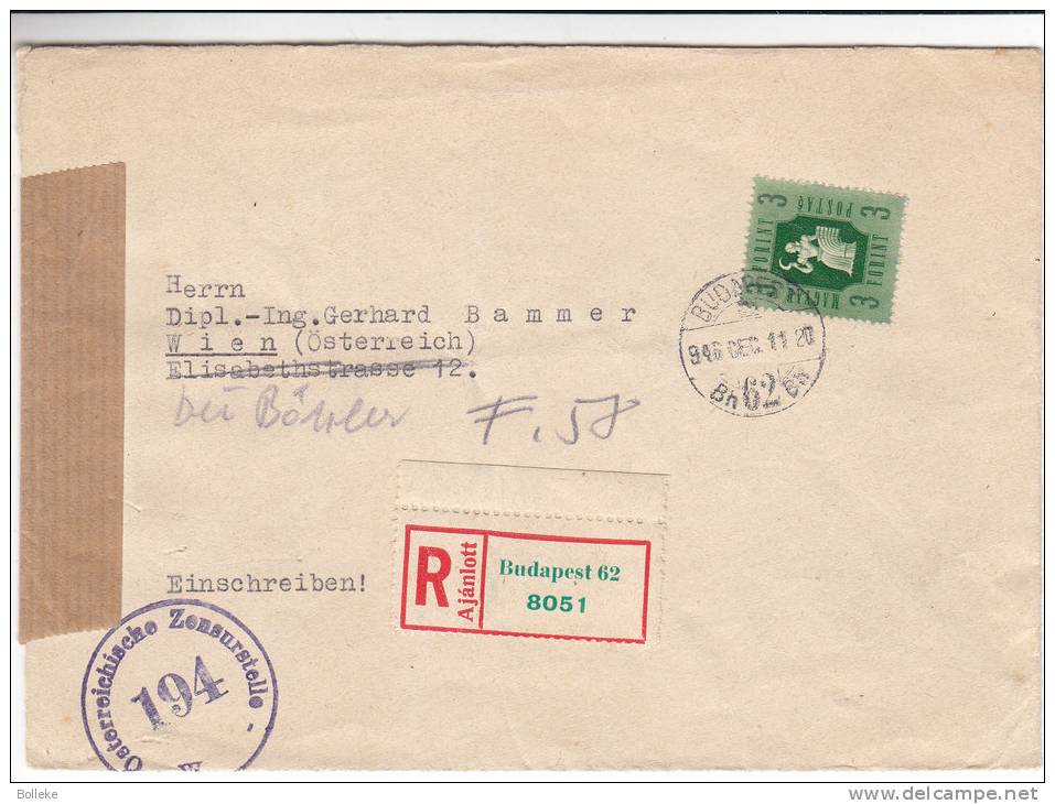 Hongrie - Lettre Recommandée De 1946 - Avec Censure - Briefe U. Dokumente