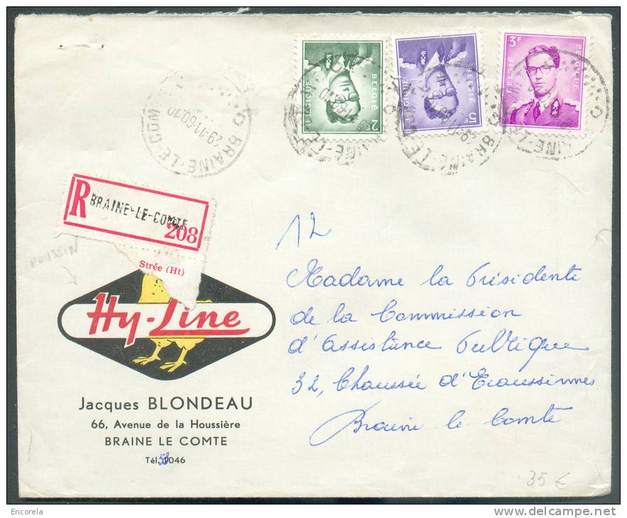 Affranchissement Tricolore Baudouin Lunettes (marchand) ) 10Fr. Obl. Sc BRAINE-le-COMTE S/L. Recommandée Du 29-11-1960 V - 1953-1972 Lunettes