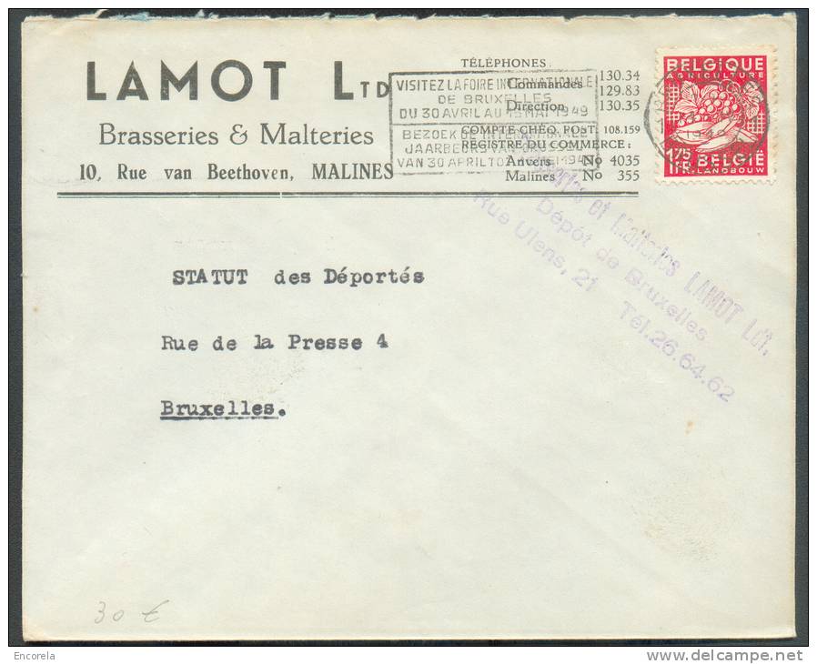 BELGIQUE BELGIUM - Lettre Affr. Industrie 1Fr.75 De Bruxelles Avec En-tête Illustré LAMOT Ltd Brasseries & Malteries à M - Cervezas