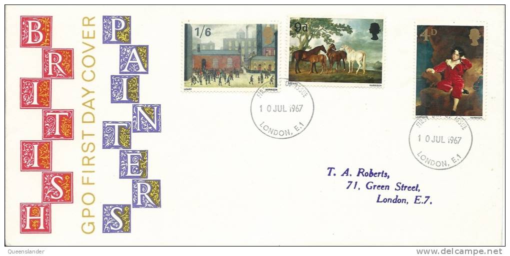 1967 British Paintings Set Of 3 Stamps On Neatly Addressed First Day Cover FDI London 10 Jul 1967 - 1952-1971 Em. Prédécimales