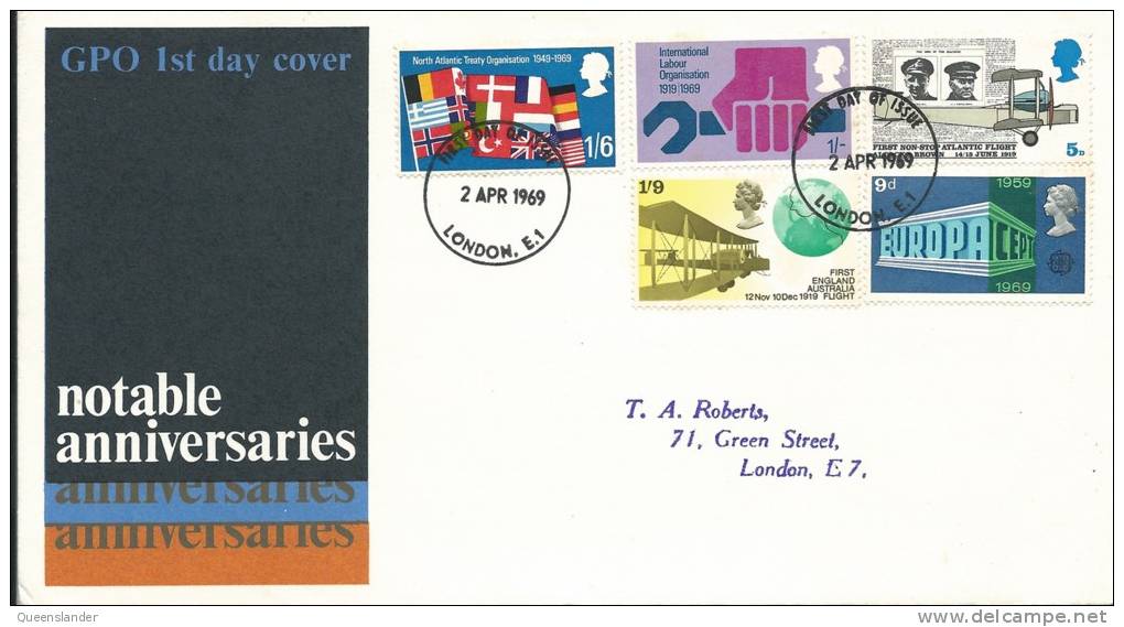 1969 Notable Anniversaries Set Of 5 Stamps On Neatly Addressed First Day Cover FDI London 2 Apr 1969 - 1952-1971 Em. Prédécimales