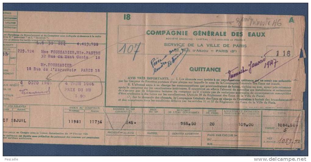 QUITTANCE D´ABONNEMENT COMPAGNIE GENERALE DES EAUX RUE D'ANJOU PARIS 8e - 1946 - Elektriciteit En Gas