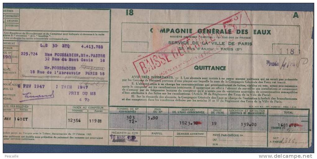 QUITTANCE D´ABONNEMENT COMPAGNIE GENERALE DES EAUX RUE D´ANJOU PARIS 8e - 1947 - Elektriciteit En Gas