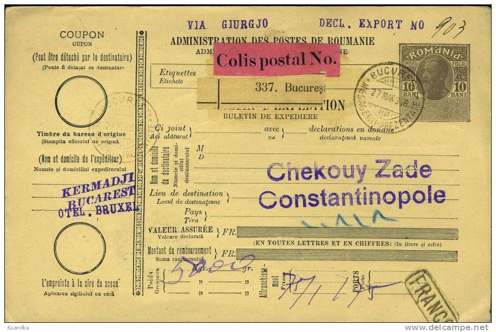 1916 Shipping Buletin International Postage Imprinted 10 Bani, Carol,Romania - Pacchi Postali