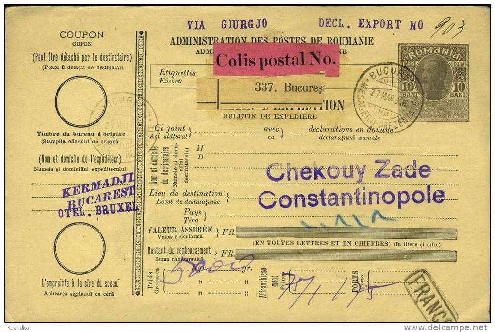 1916 Shipping Buletin International Postage Imprinted 10 Bani, Carol,Romania - Paquetes Postales