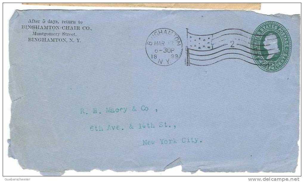 L-US-77 - ETATS-UNIS Entier Postal Devant De Lettre De 1899 Obl. Drapeau De Binghampton - ...-1900