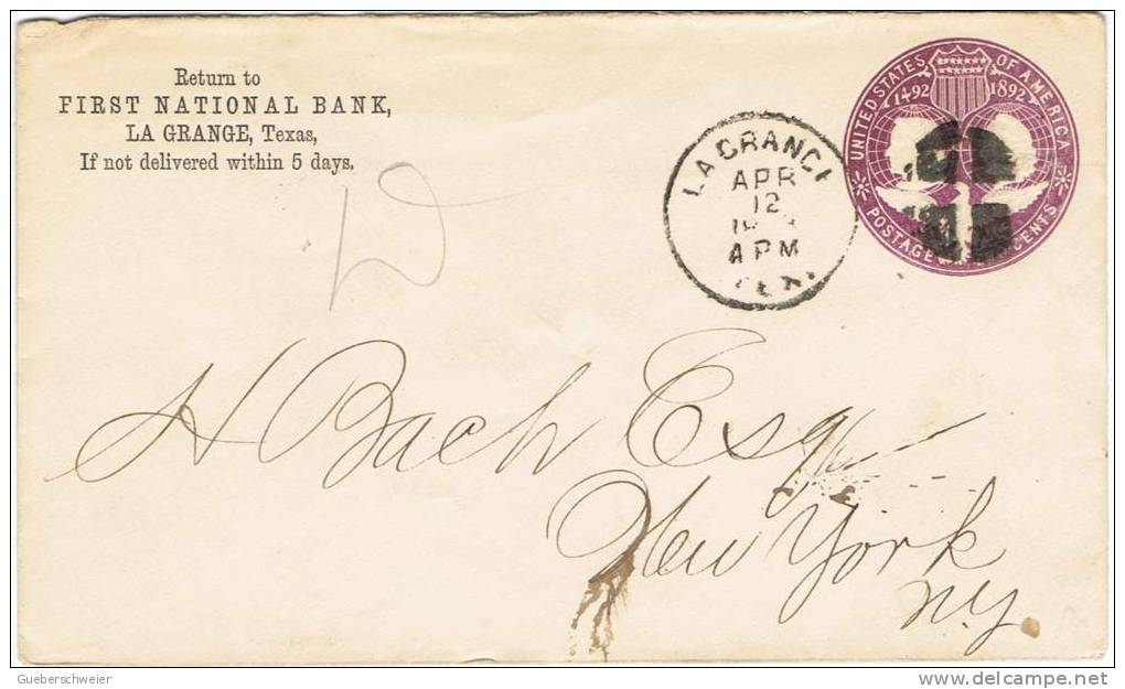 L-US-80 - ETATS-UNIS Entier Postal Enveloppe De LA GRANGE Texas 1893 Belle Oblitération - ...-1900