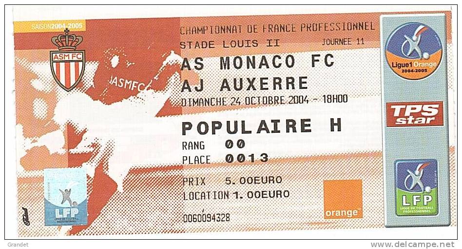 BILLET - MONACO - AUXERRE - MATCH - 24 OCTOBRE 2004 - FOOT BALL- - Andere & Zonder Classificatie