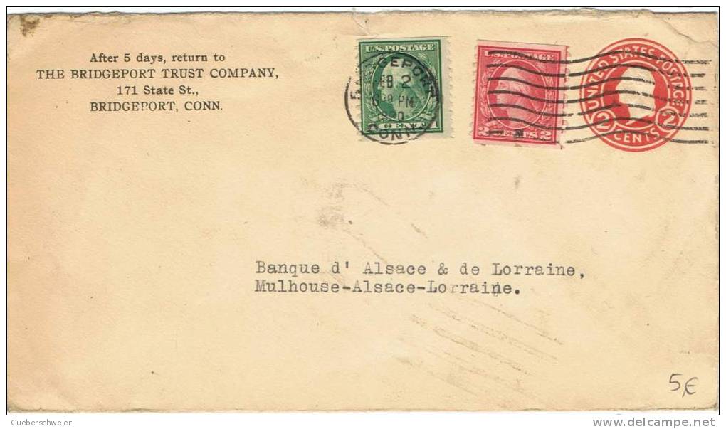 L-US-92 - ETATS-UNIS Entier Postal Enveloppe De BRIDGEPORT Pour Mulhouse 1920 - 1901-20