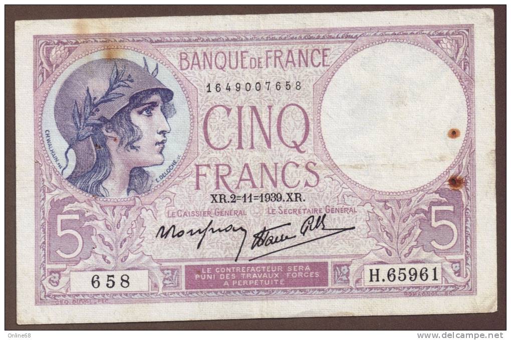 FRANCE 5 FRANCS 2.11.1939  ALPHA H.65961 - 5 F 1917-1940 ''Violet''