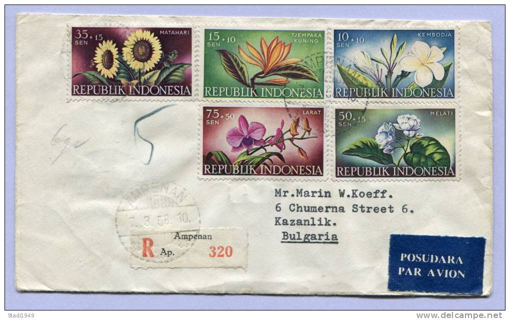 Air Mail Letter Registered AMPENAN To Bulgaria 1958 Flowers (138) - Indonesien