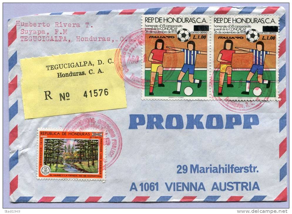 Air Mail Letter Registered TEGUCIGALPA To VIENNA WIEN 1990 Fussball Soccer (139) - Honduras