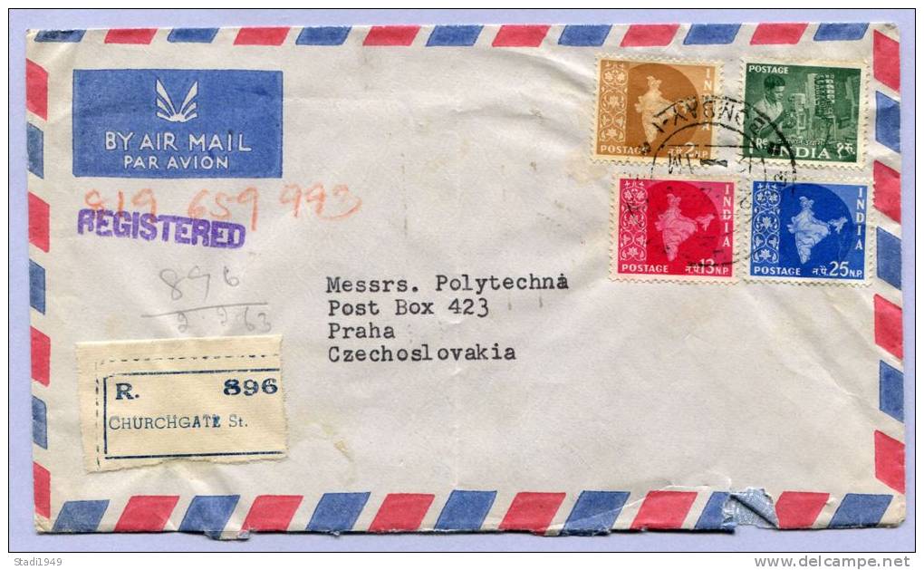 Air Mail Registered Letter INDIA CHURCHGATE To PRAHA Tschechoslovakia (148) - Corréo Aéreo