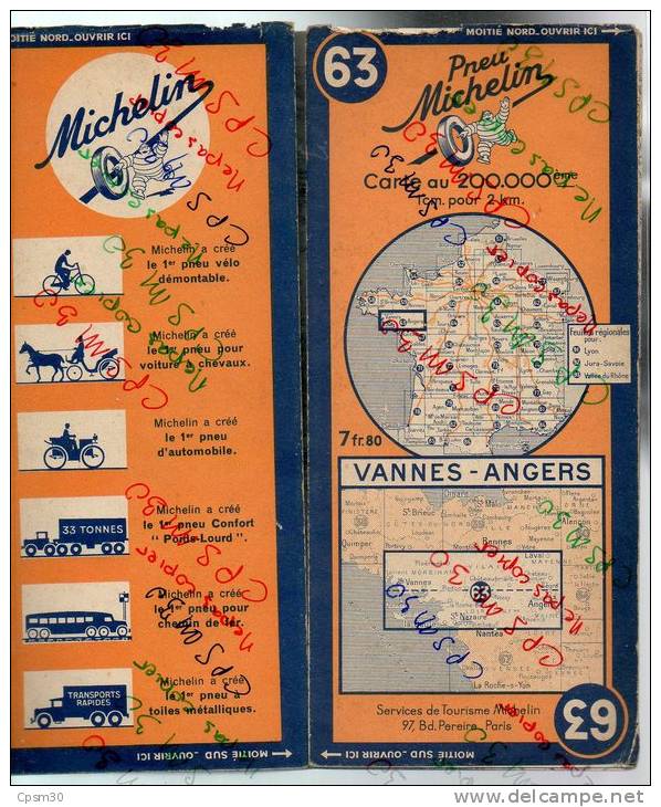 Carte Géographique MICHELIN - N° 063 VANNES - ANGERS - 1941 - Roadmaps