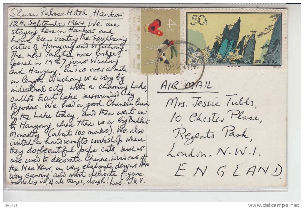 CHINA, Postcard From Hankow To London 1964 MICHEL 759 &765, YANG 5320 & 5321 - Briefe U. Dokumente