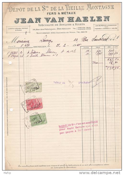 JEAN VAN HAELEN 38 RUE DES FABRIQUES BRUXELLES DEPOT DE LA VIEILLE MONTAGNE - 1900 – 1949