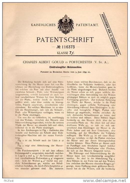 Original Patentschrift - Ch. Gould In Port Chester , USA , 1899 , Elektroden - Walzmaschine , Walzwerk !!! - Tools