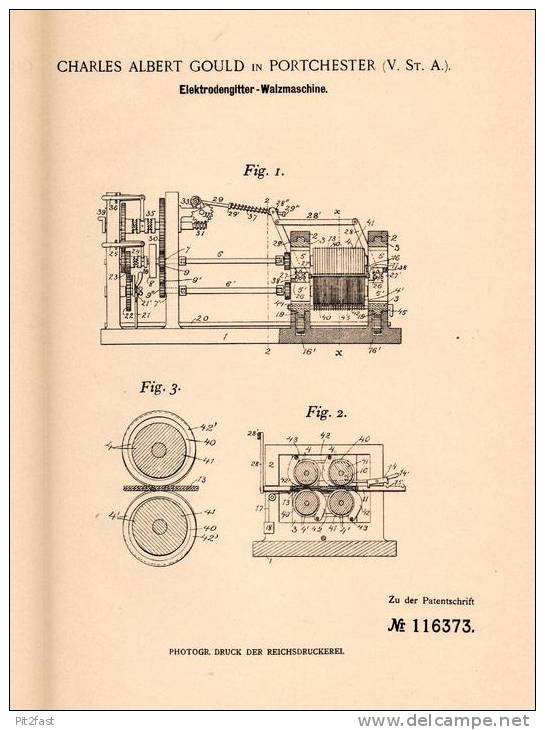 Original Patentschrift - Ch. Gould In Port Chester , USA , 1899 , Elektroden - Walzmaschine , Walzwerk !!! - Tools